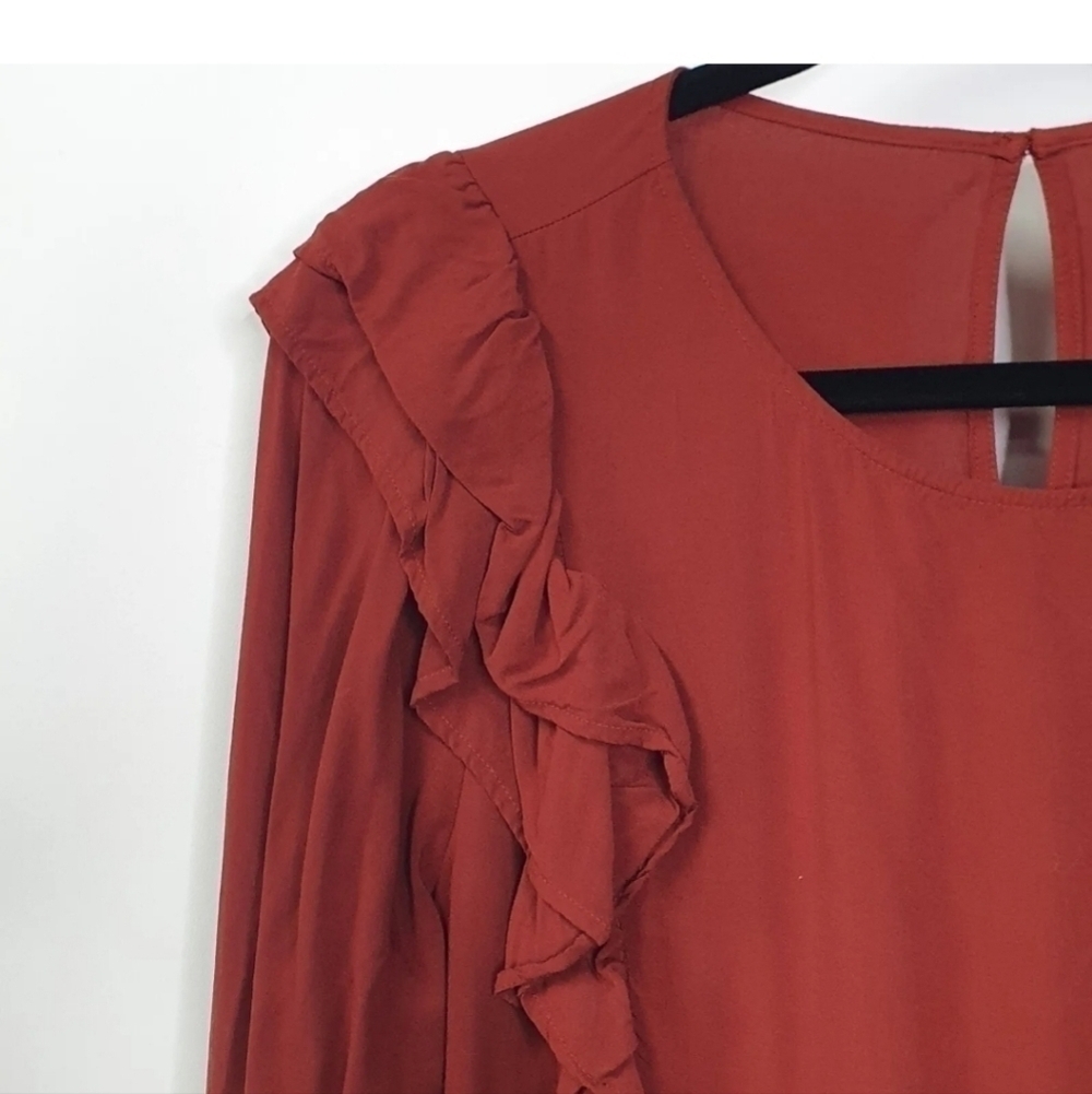 Loft Maroon Ruffle Boho Fall Rayon Top Long Sleeve Size Large - Picture 6 of 12